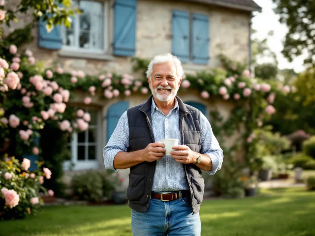 Un propriétaire souriant, tasse à la main, dans le jardin de sa maison en pierre aux volets bleus